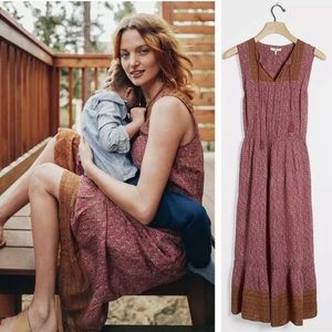 Anthropologie Mauve-Pink Printed Midi Dress with Brown Trim